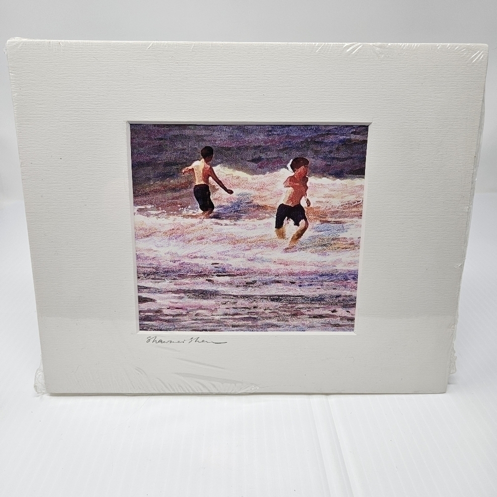Artwork Print Boys In Surf Colorful Beach Scene Artist Signed In Mat